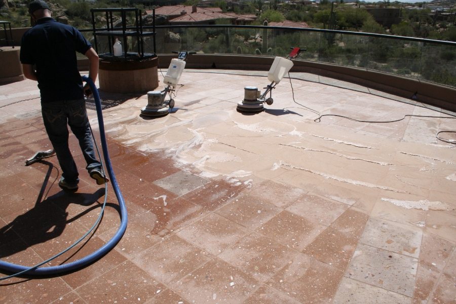 Cantera balcony during process | Cantera Exterior | Photo Gallery | Baker's Travertine Power Clean