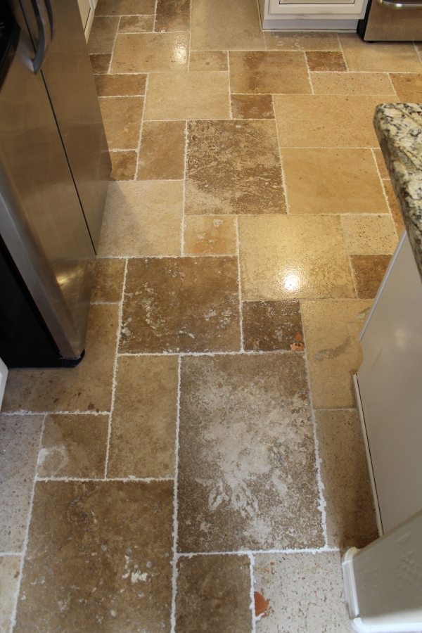 After: Grout color seal on repair area | Ceramic & Porcelain | Photo Gallery | Baker's Travertine Power Clean