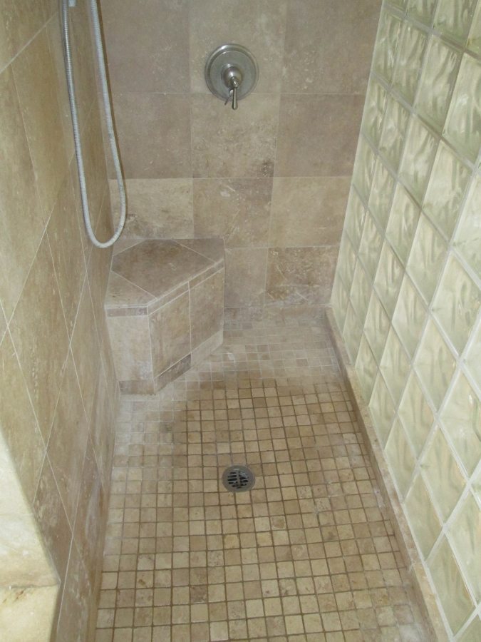 Before: Travertine shower in Chandler | Showers & Vanities | Interior Gallery | Baker's Travertine Power Clean