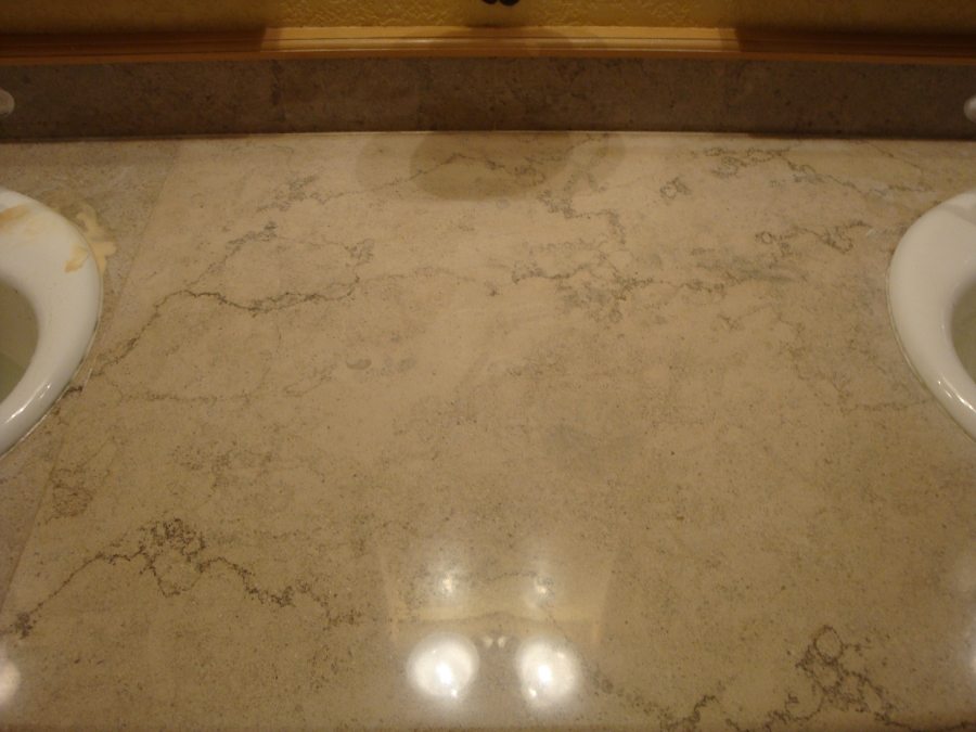 Before: Limestone vanity is dull and etched Telluride Colorado | Showers & Vanities | Interior Gallery | Baker's Travertine Power Clean